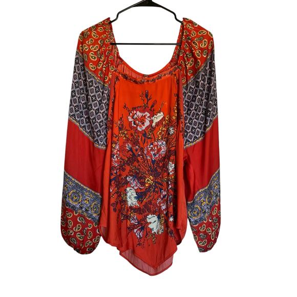 Free People Tops - Free People Positano Print Blouse Red Patchwork Satin Handkerchief Hem Size L